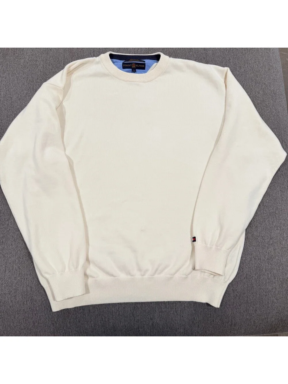 Tommy Hilfiger Golf Sweater Mens L Ivory Cotton Crewneck Preppy Pullover